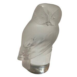 Signed Frosted Crystal Owl on Pedestal Figurine/Paperweight 3 1/2" tall